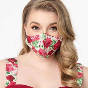 Unique Vintage White & Red Rose Print Face Mask - One Size